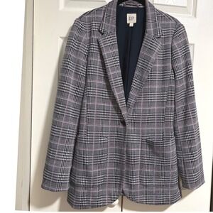 Gap Patch Pocket B Grid Plaid Blazer Navy White Red Check Jacket Size 10
